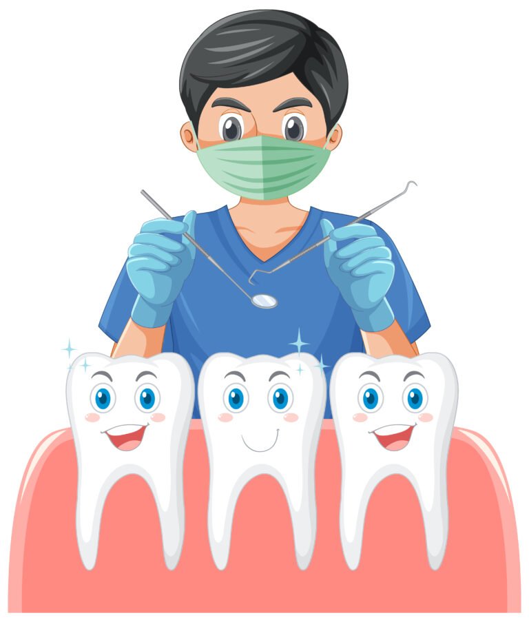 Dentist holding instruments and examining teeth on white backgro